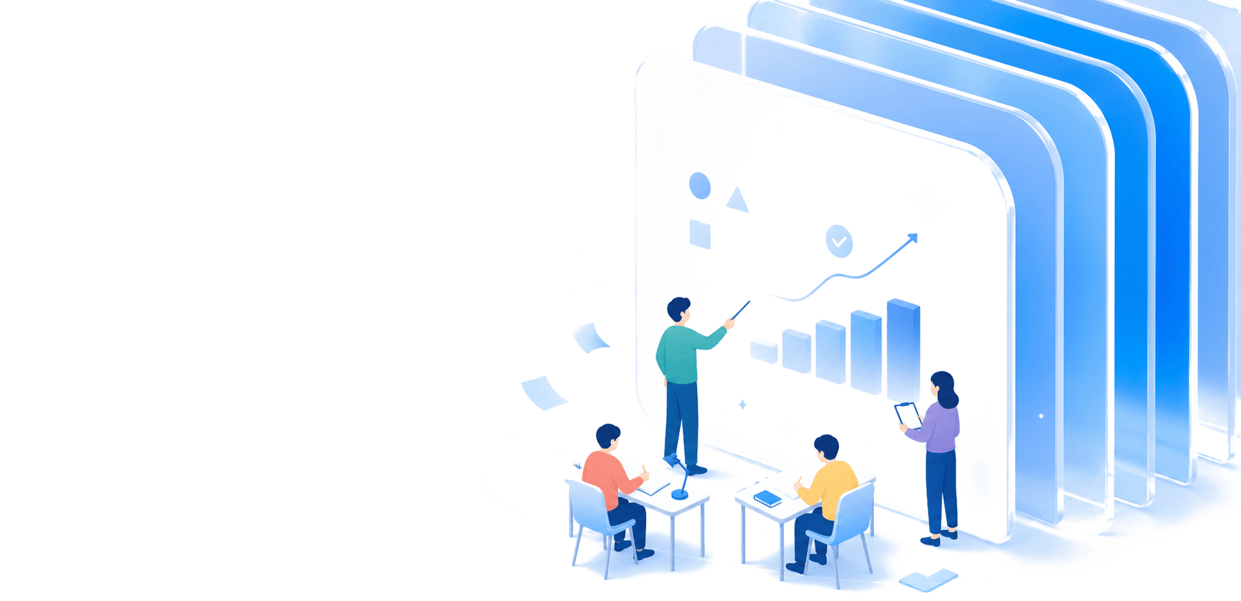 ホワイトボードの前で指導するスタッフと、机に向かう生徒たちのイラスト